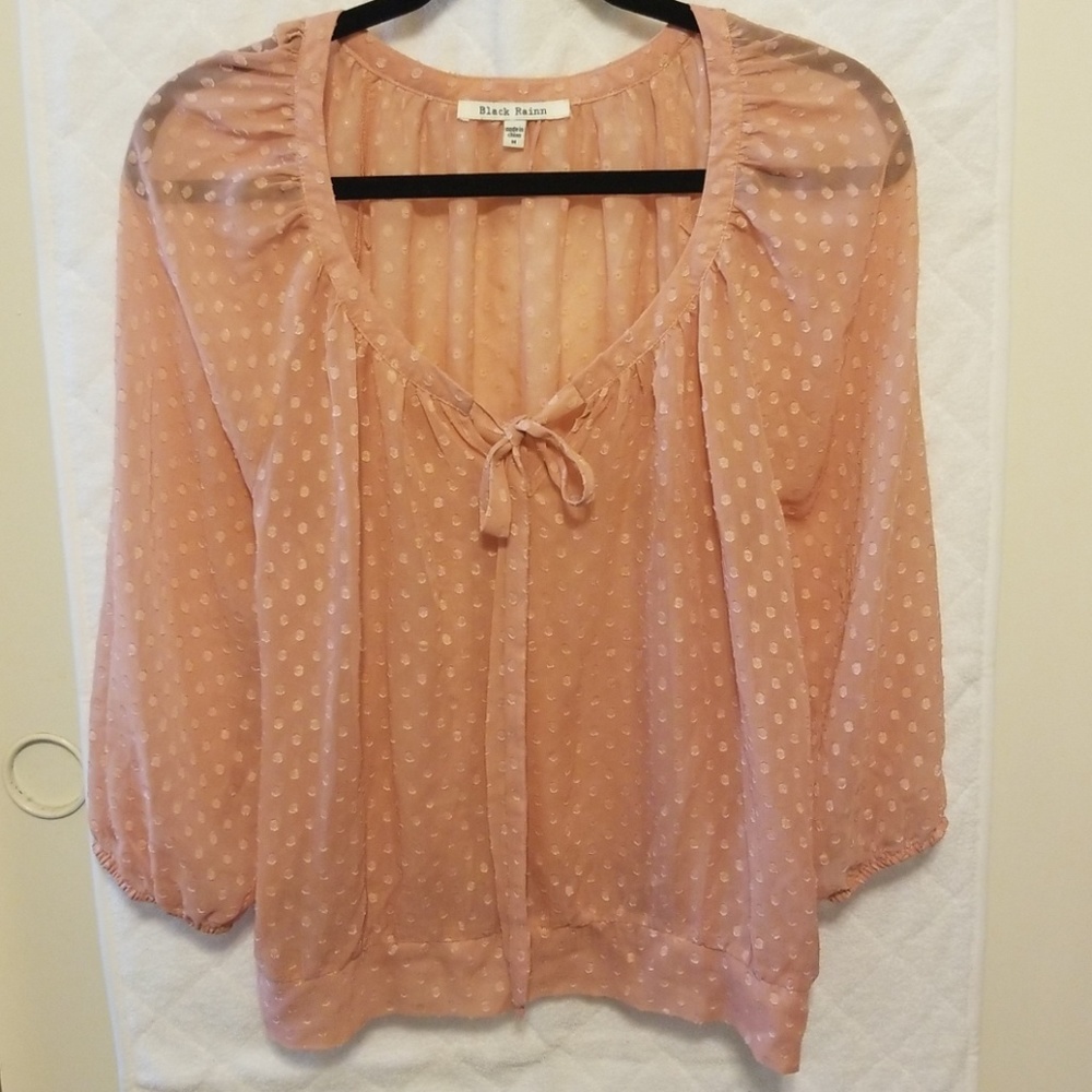 NWOT Black Rainn Shimmery PolkaDot Peasant Top szM